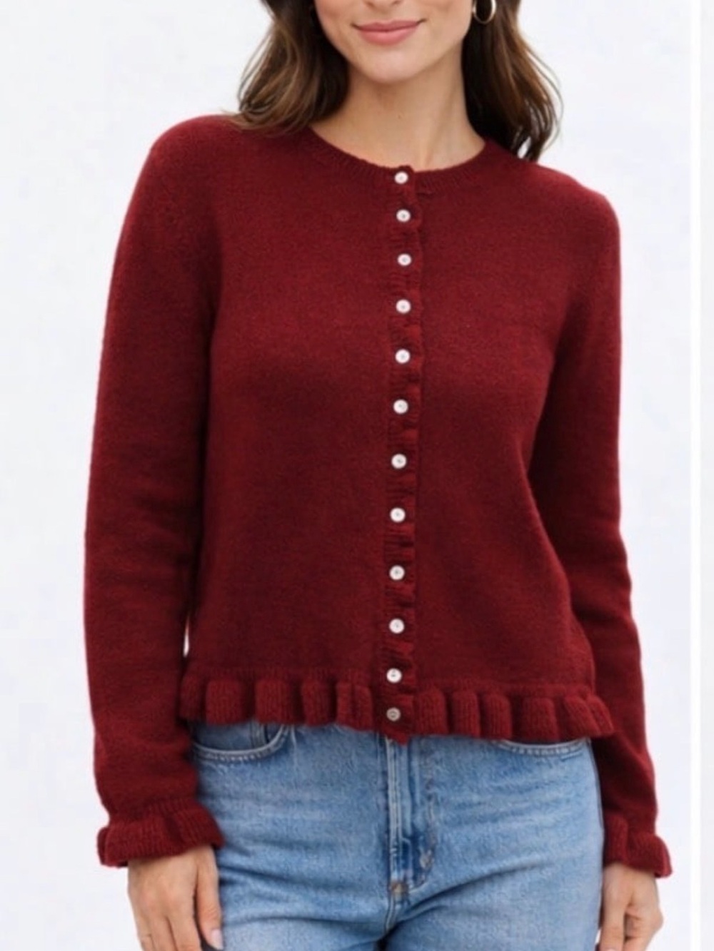 Jason Wu Burgundy Button-Front Ruffle Hem Cardigan
